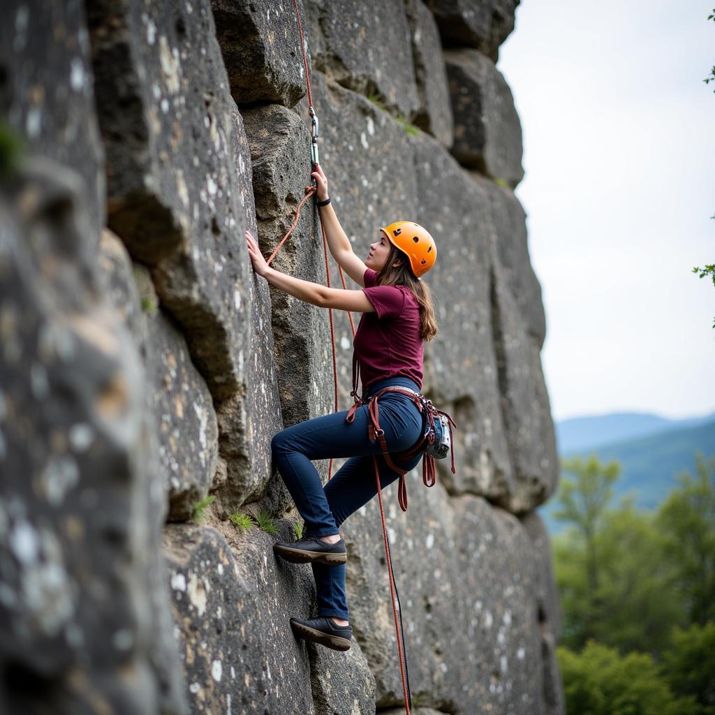 Person rock climbing on an outdoor cliff