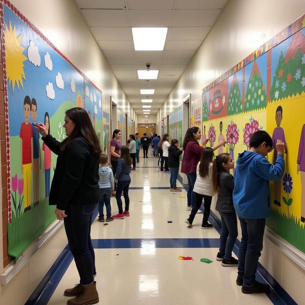 Students creating large mural in primary school
