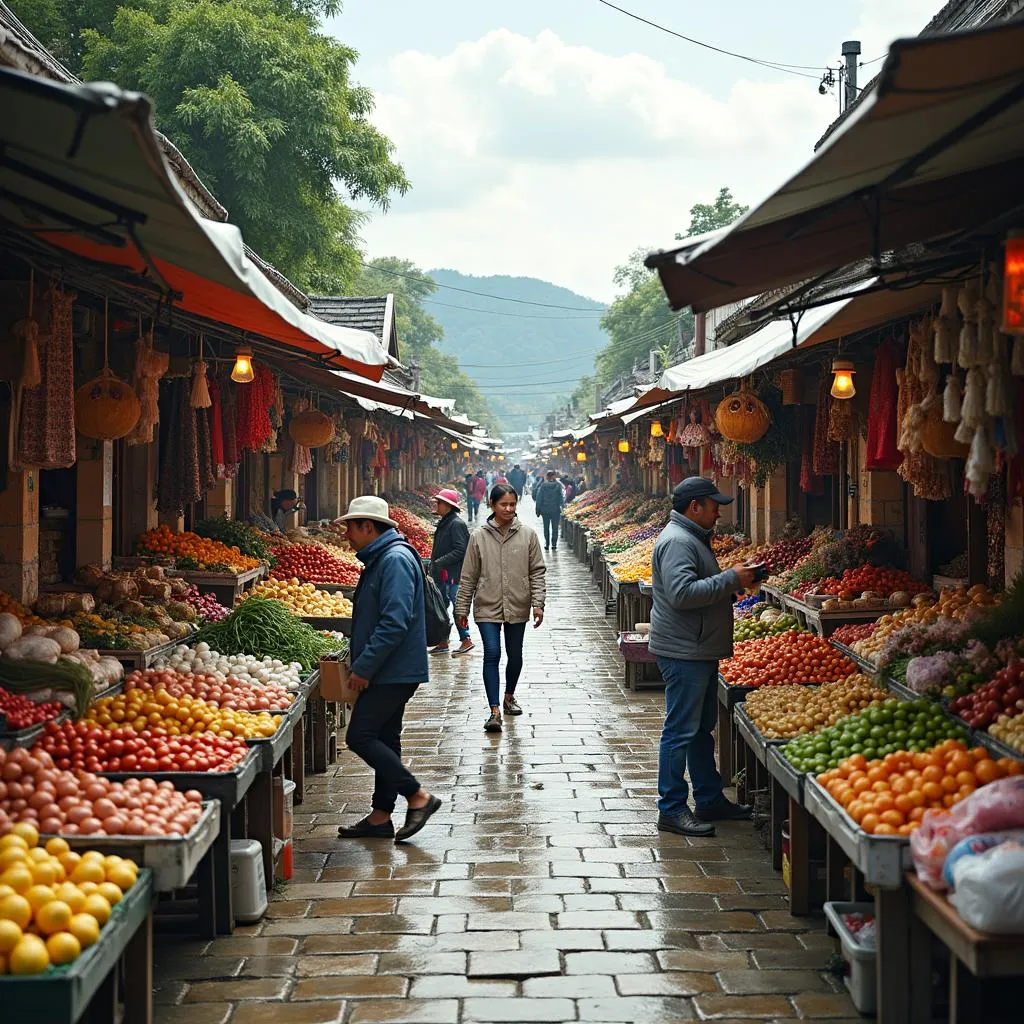 Riverside market with colorful stalls and fresh produce