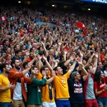 Enthusiastic crowd cheering at a sports match