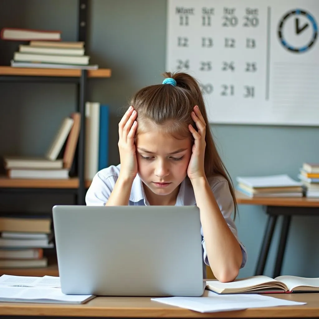 Student stressed while preparing for presentation