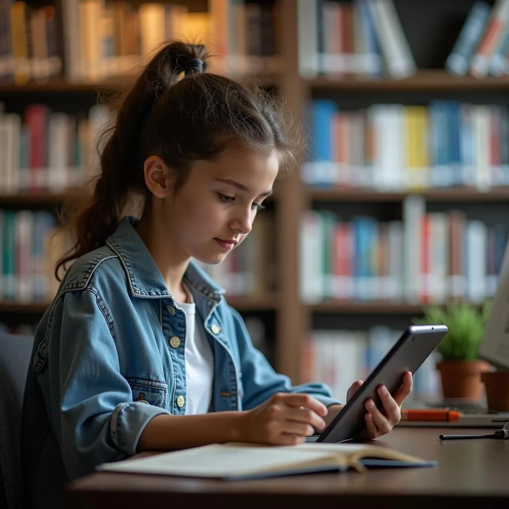 Student using a tablet for research in the library