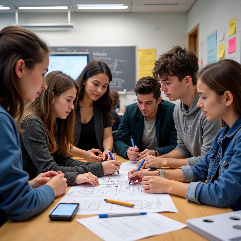 Students collaborating on challenging project