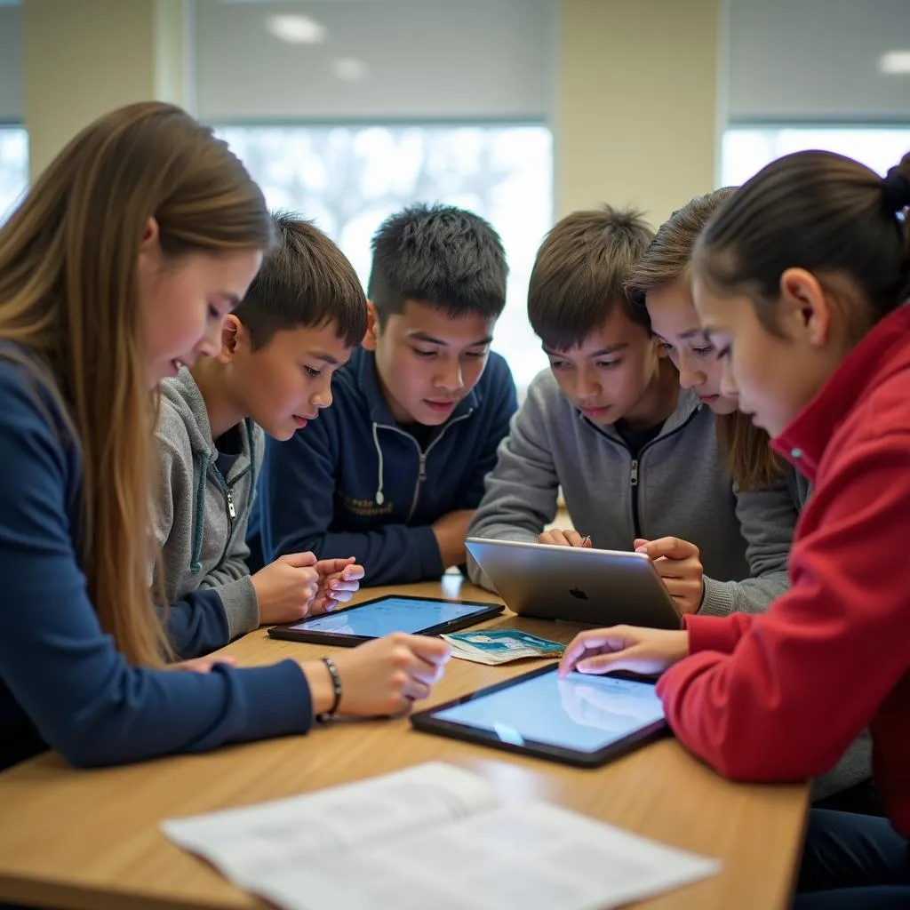 Students using tablets for a collaborative project