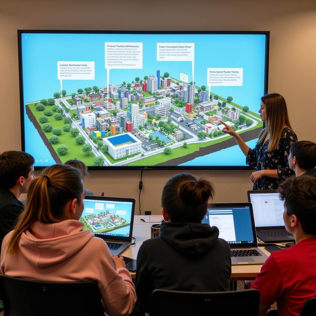 Students collaborating on a virtual sustainability project