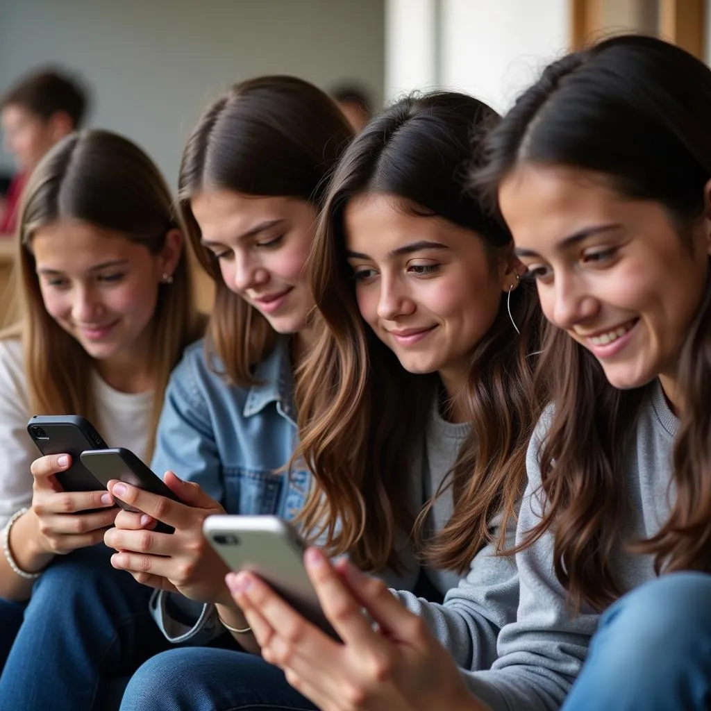 Teenagers using social media on smartphones