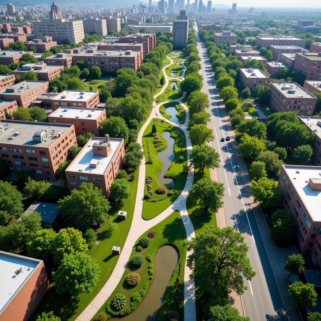 A green corridor integrated into an urban landscape