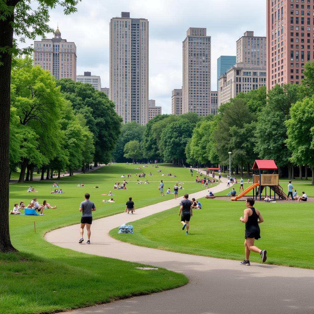 People enjoying various activities in an urban park
