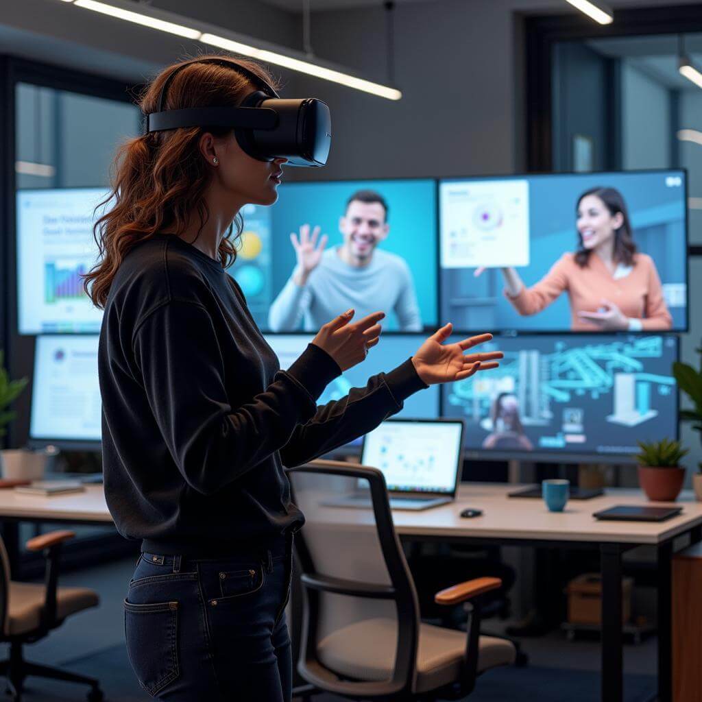 VR designer collaborating in virtual workspace