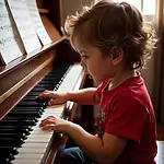Child learning perseverance while playing piano