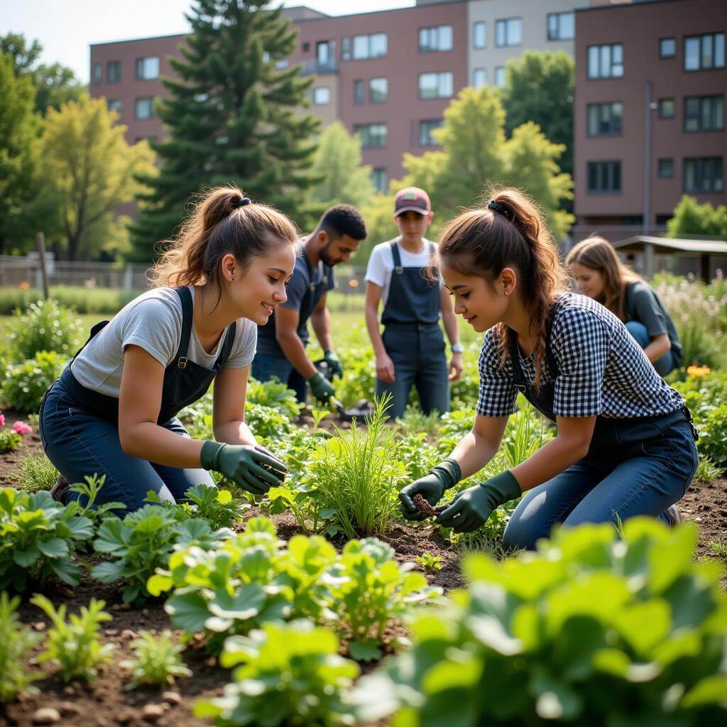 Diverse group working in a community garden