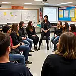 Students discussing consent education in a classroom