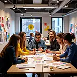 Diverse team collaborating in a creative workspace