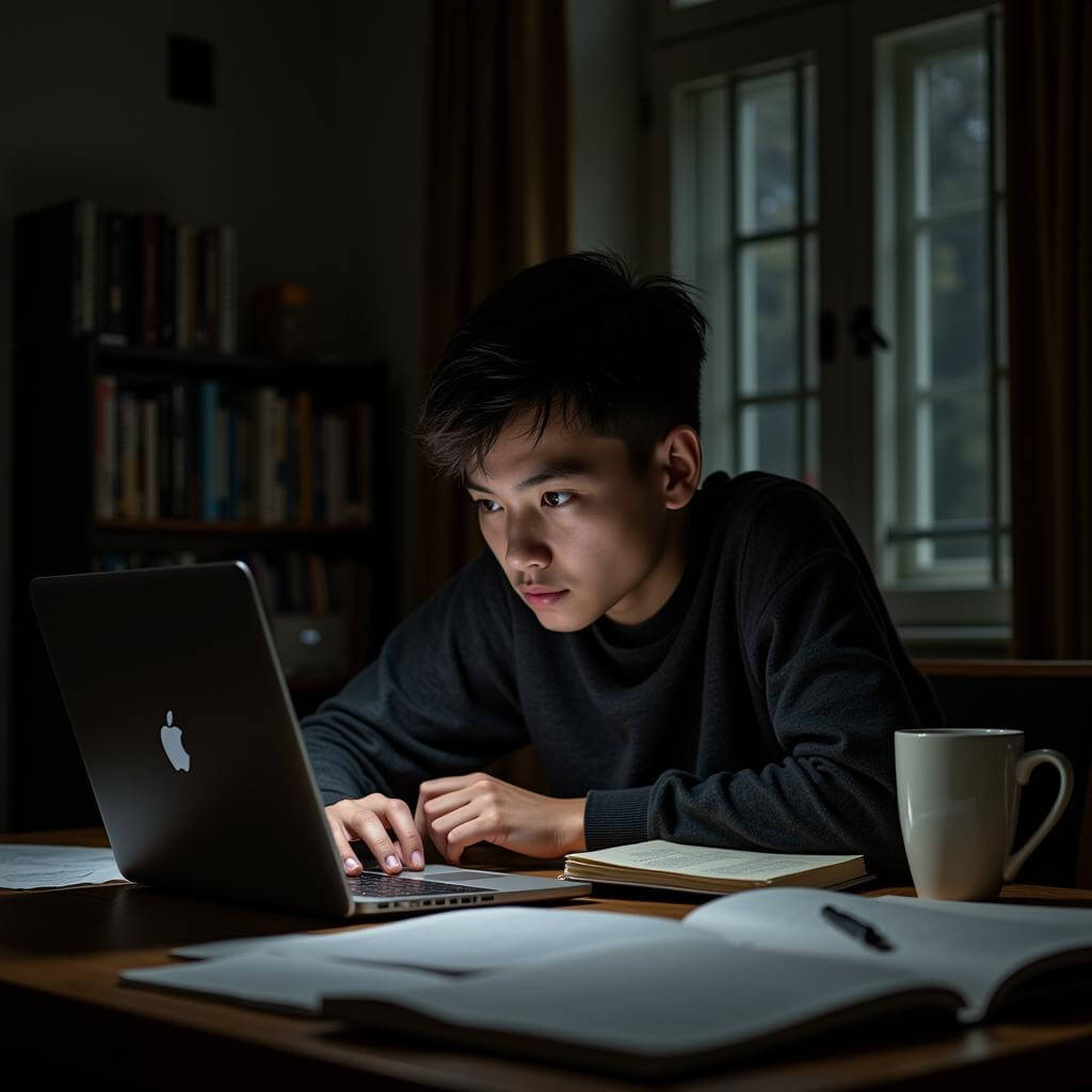 Student focusing intensely while preparing for an exam