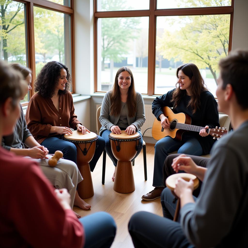 Group music therapy session with diverse patients