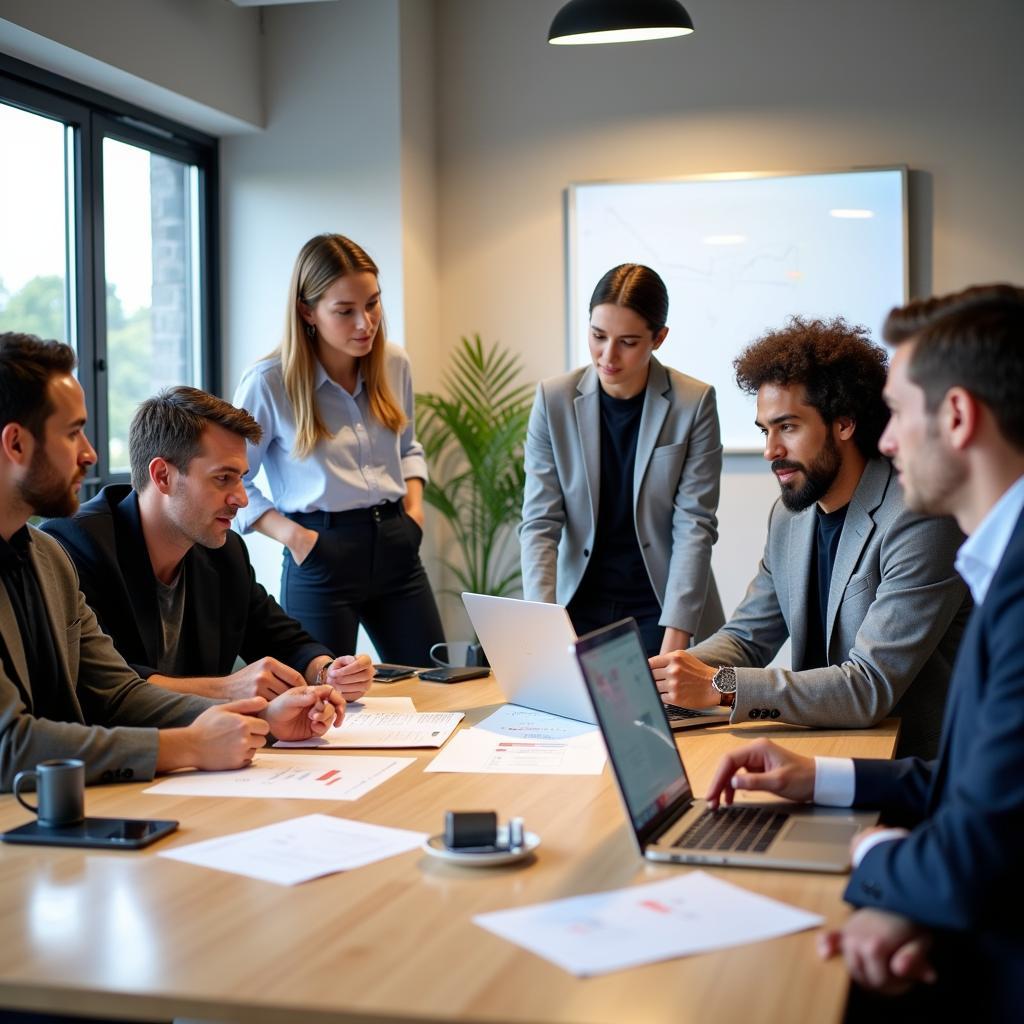 Diverse team collaborating on a project in an office
