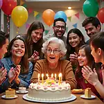 A joyful family birthday celebration with an elderly grandmother