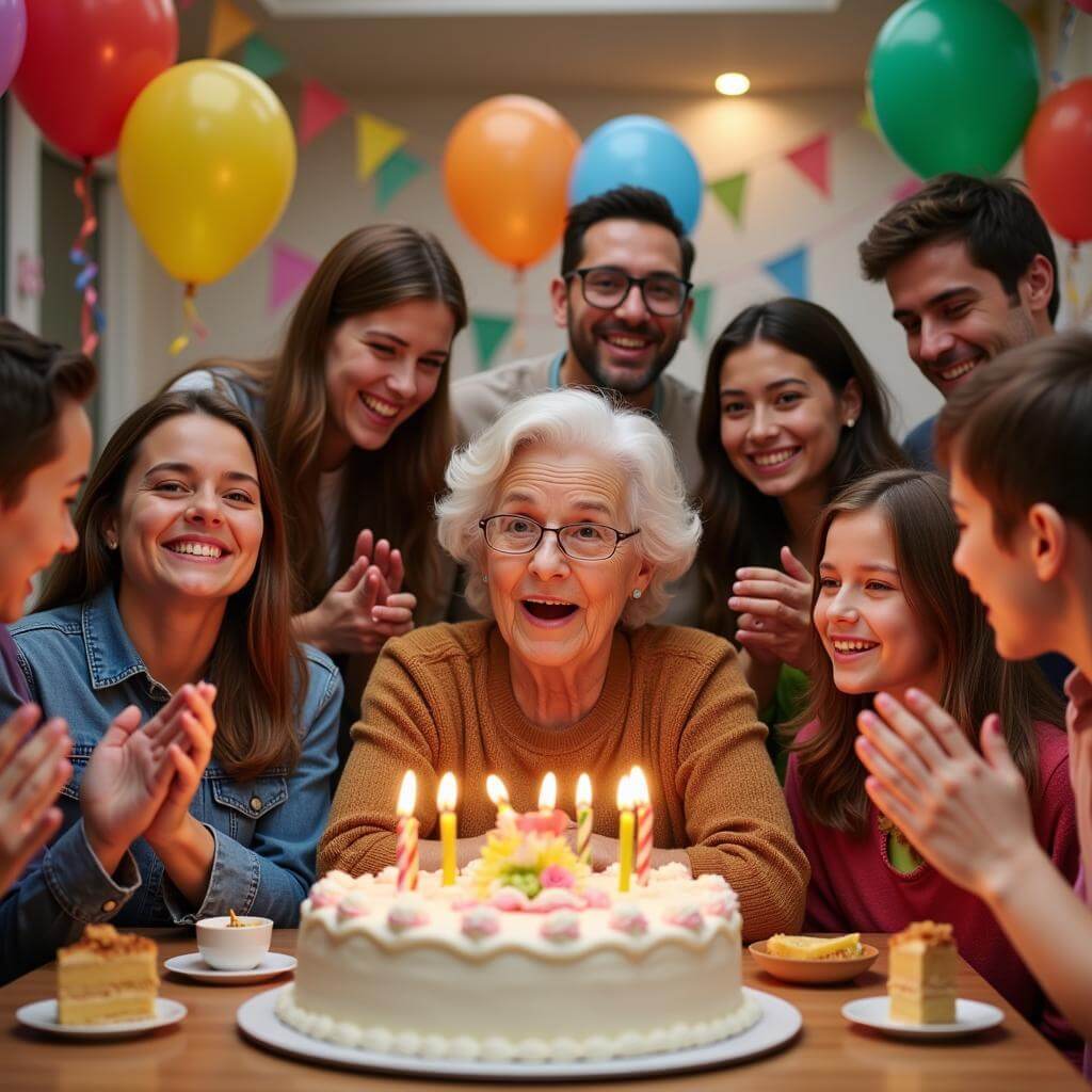 A joyful family birthday celebration with an elderly grandmother