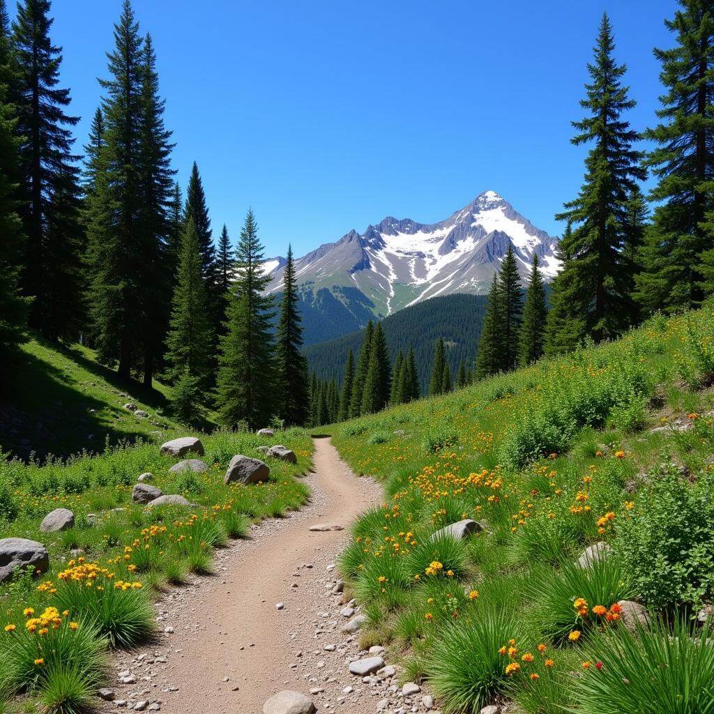 Hiking trail with mountain and forest view