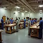 Inmates receiving job training in a prison workshop