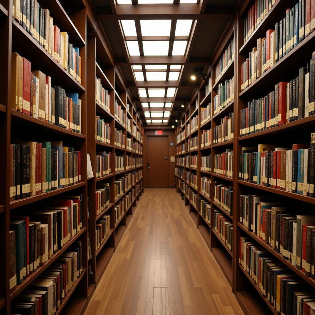 Library shelves filled with colorful books