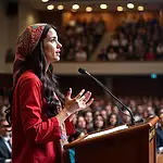 Malala Yousafzai delivering a speech at a podium