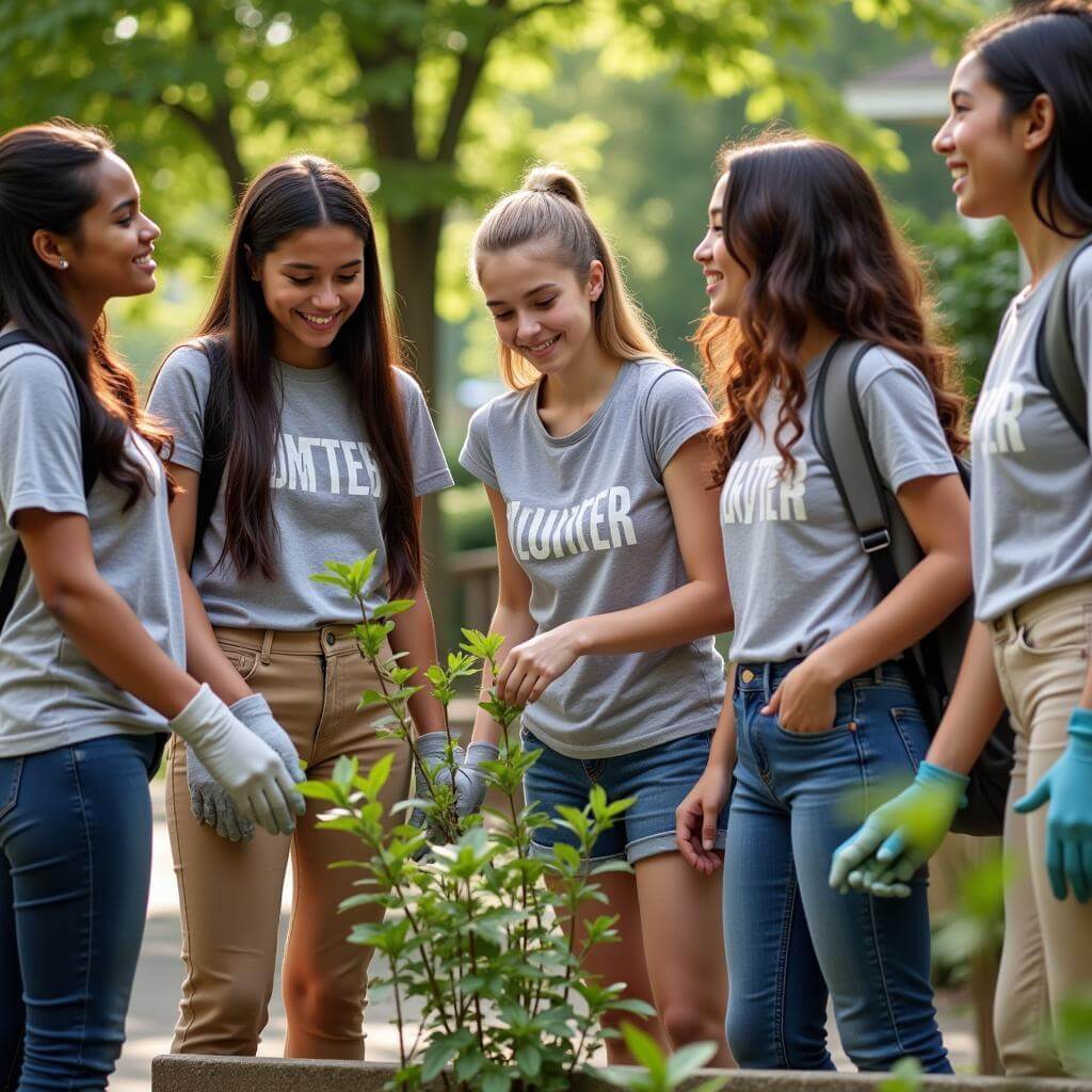 Diverse group of high school students volunteering