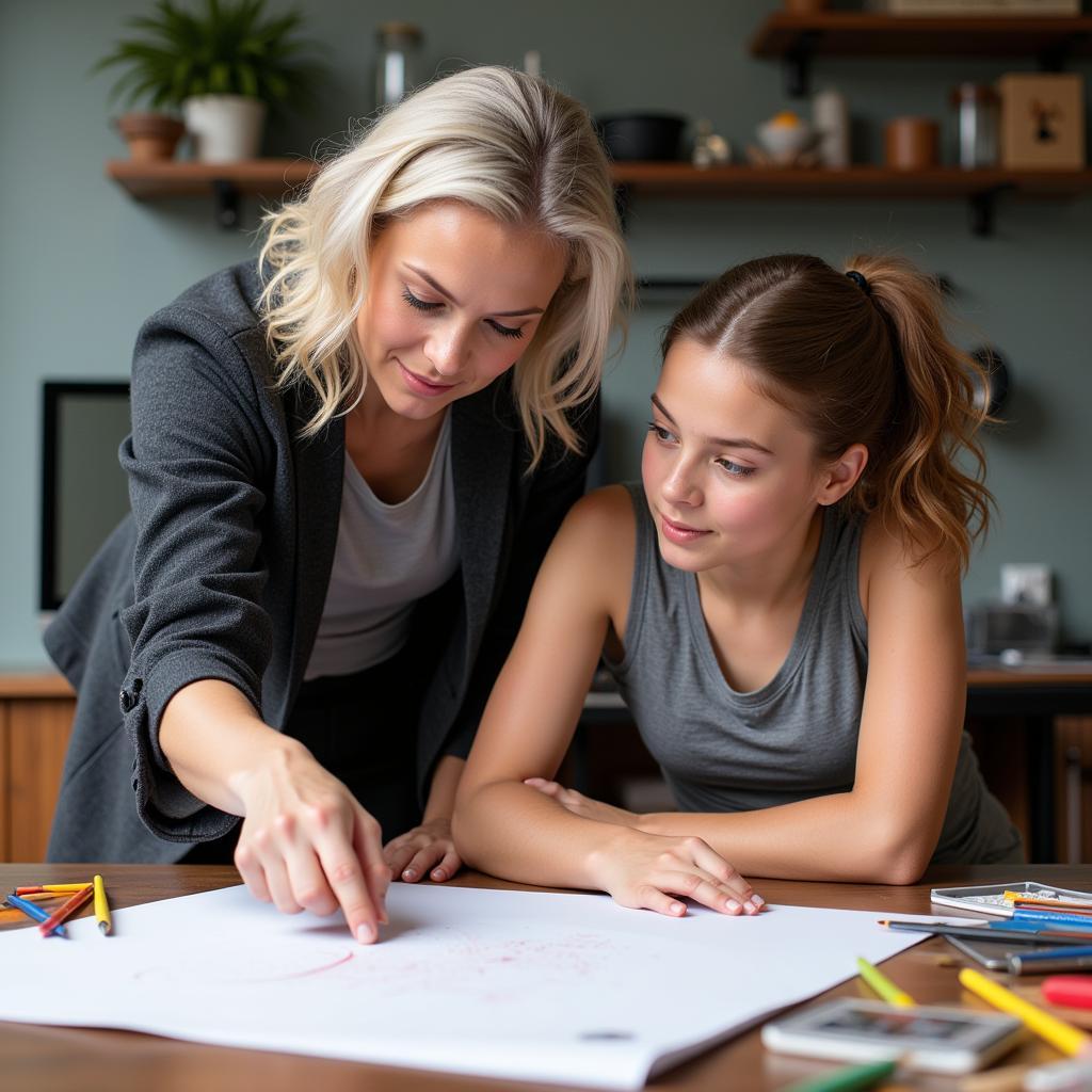 Mentor guiding student through creative project