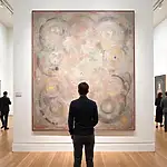 Museum visitor examining artwork