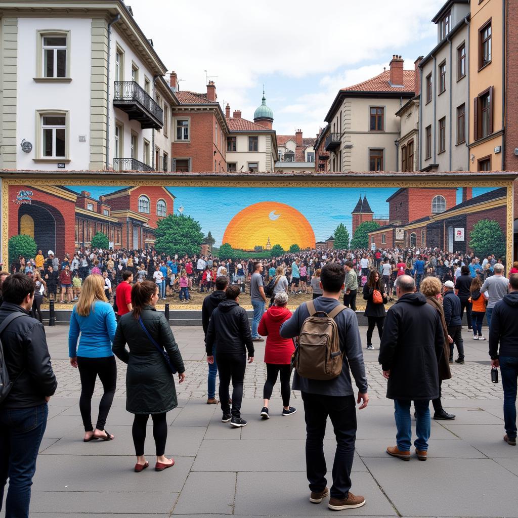 People admiring a street mural