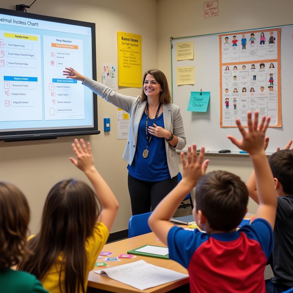 Teacher using positive reinforcement techniques with students