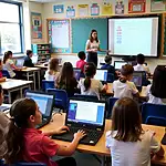 Primary school children learning coding on computers