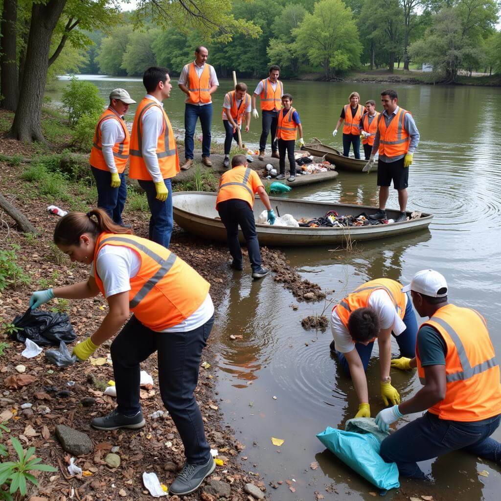 Volunteers cleaning up a polluted river