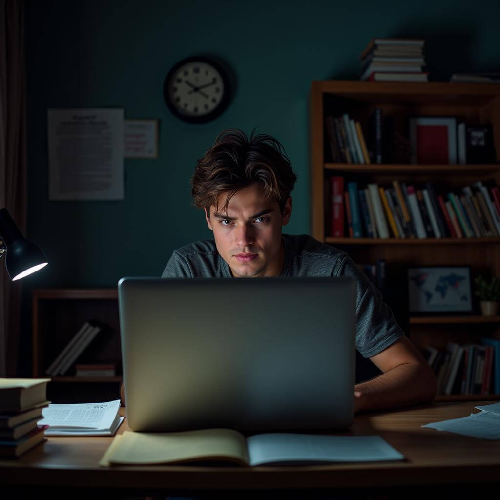 Student working on laptop at night