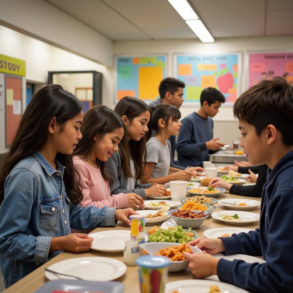 Students choosing healthy food in a school cafeteria
