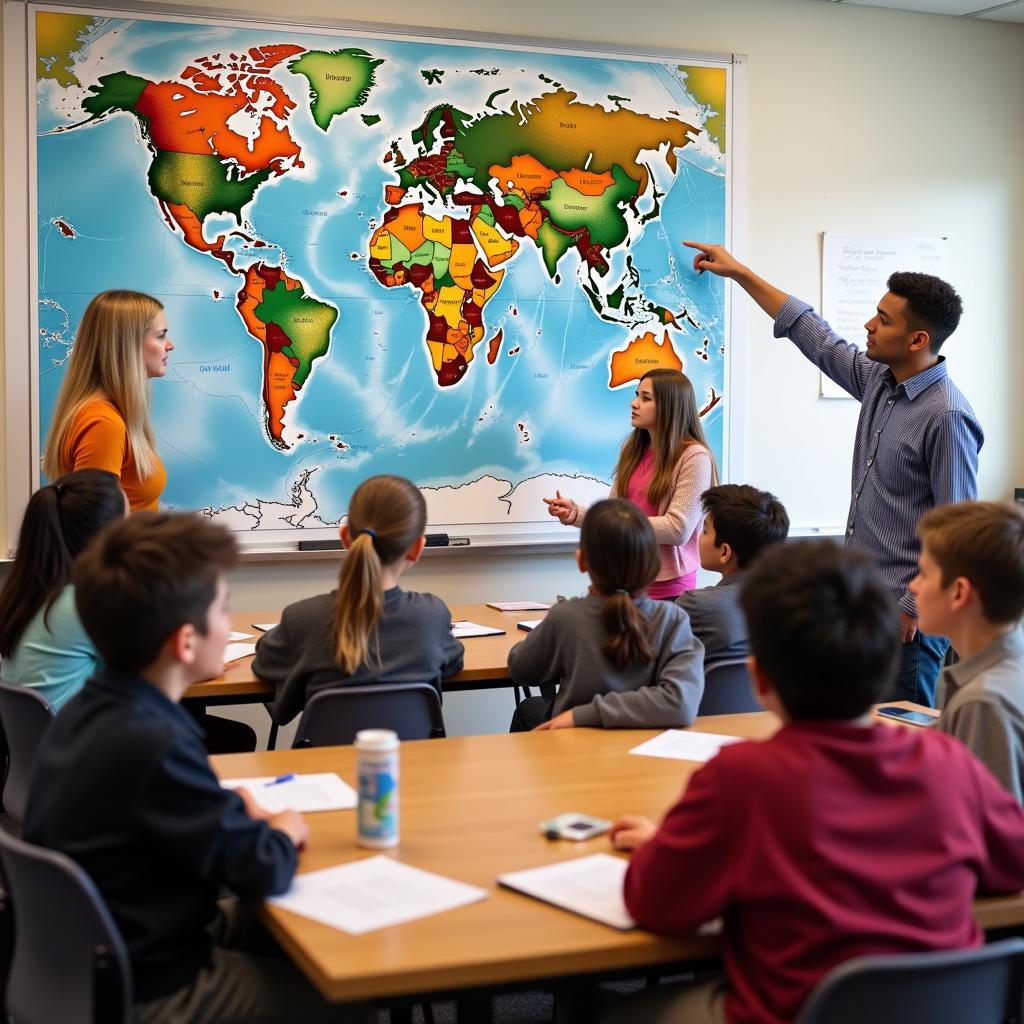 Students learning about global issues in classroom