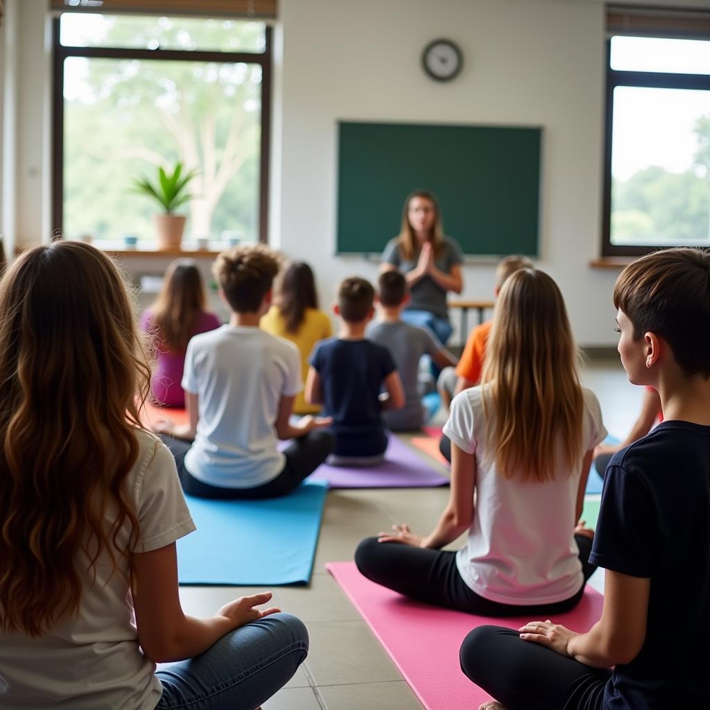Students practicing stress management techniques in class