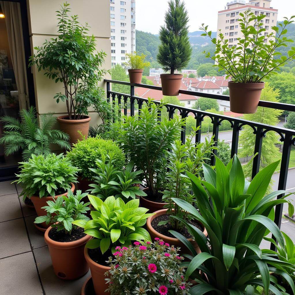 Urban garden with diverse plant species on balcony