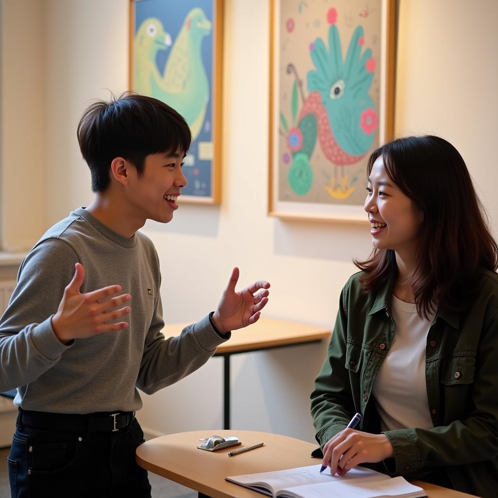 Student discussing art appreciation during IELTS speaking test