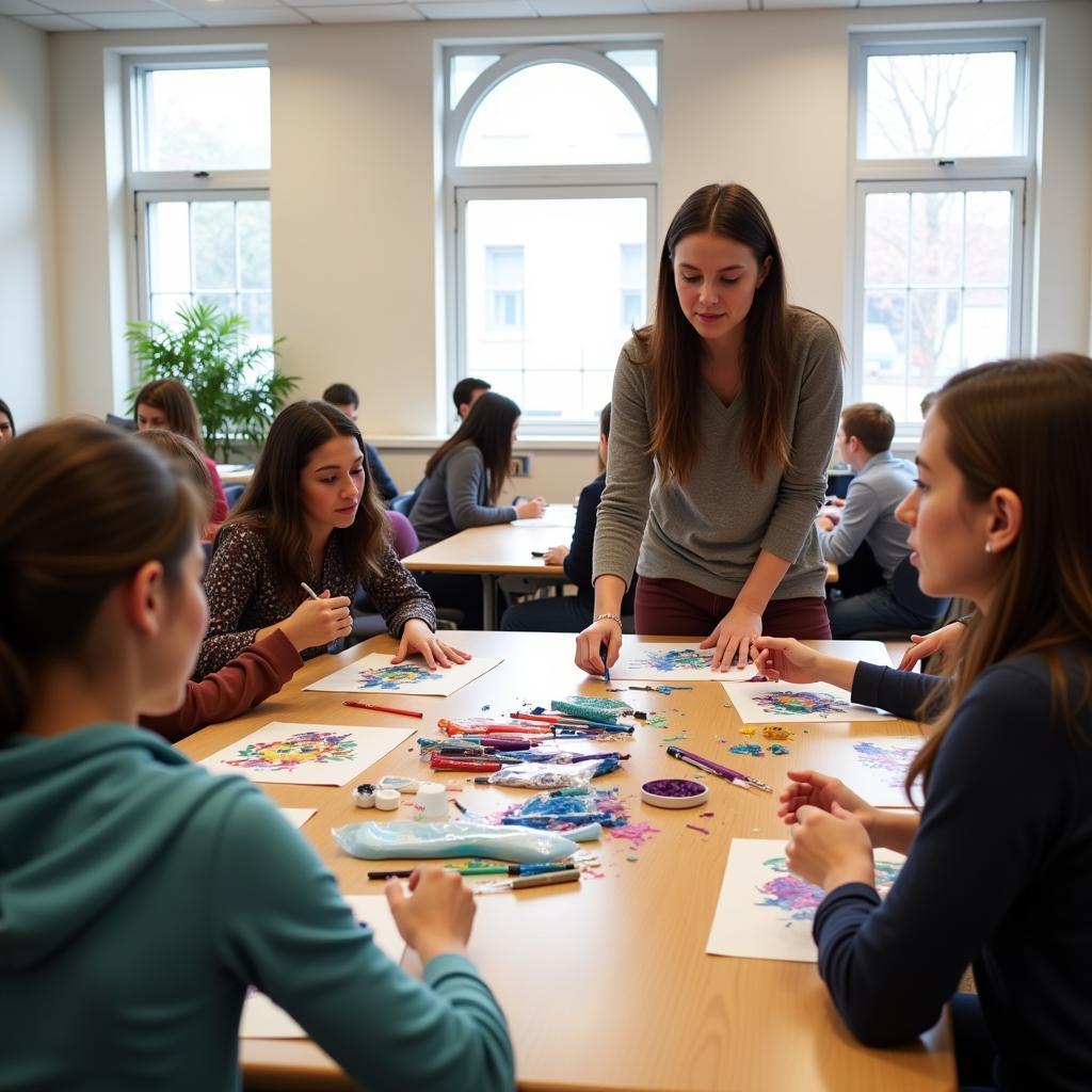 Art therapy session in modern classroom setting with students engaged in creative activities