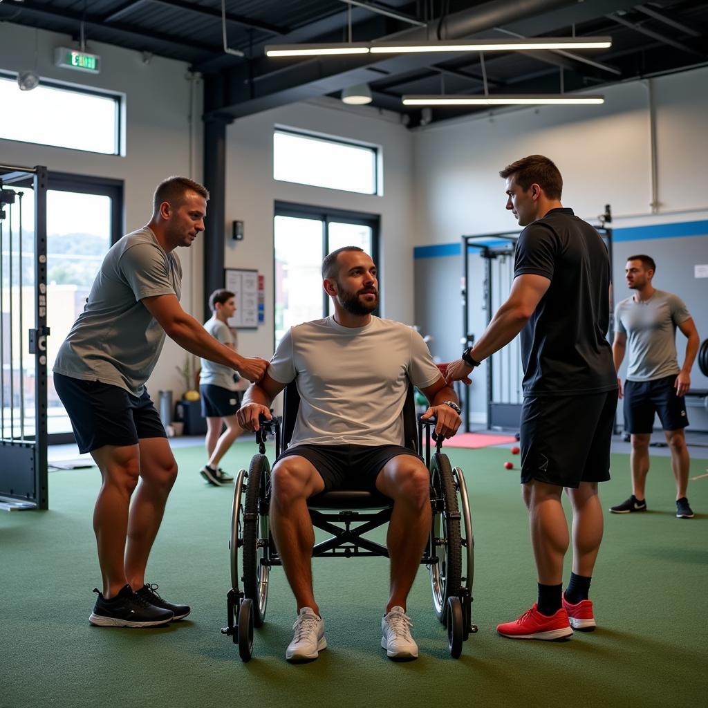 Athletes in rehabilitation program working with trainers and counselors