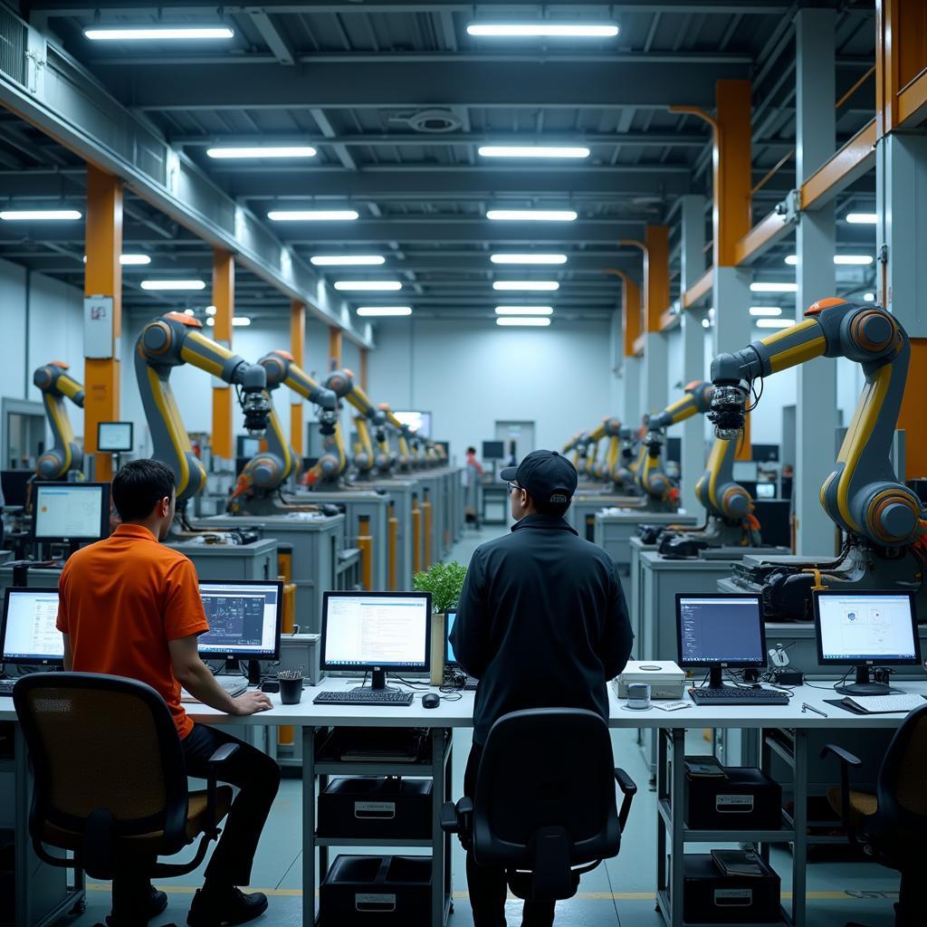 The impact of automation on modern workplace showing robots and humans working together