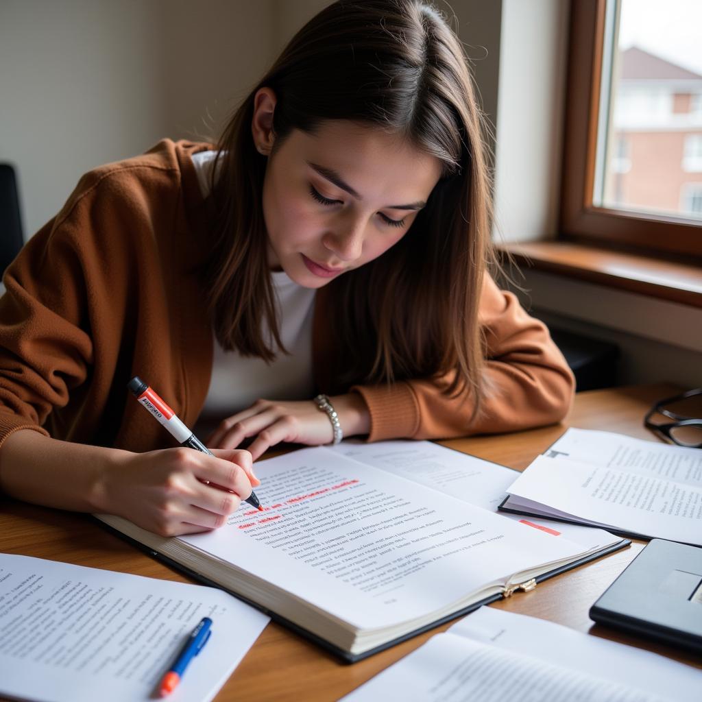 Student analyzing and editing IELTS essay for redundant phrases