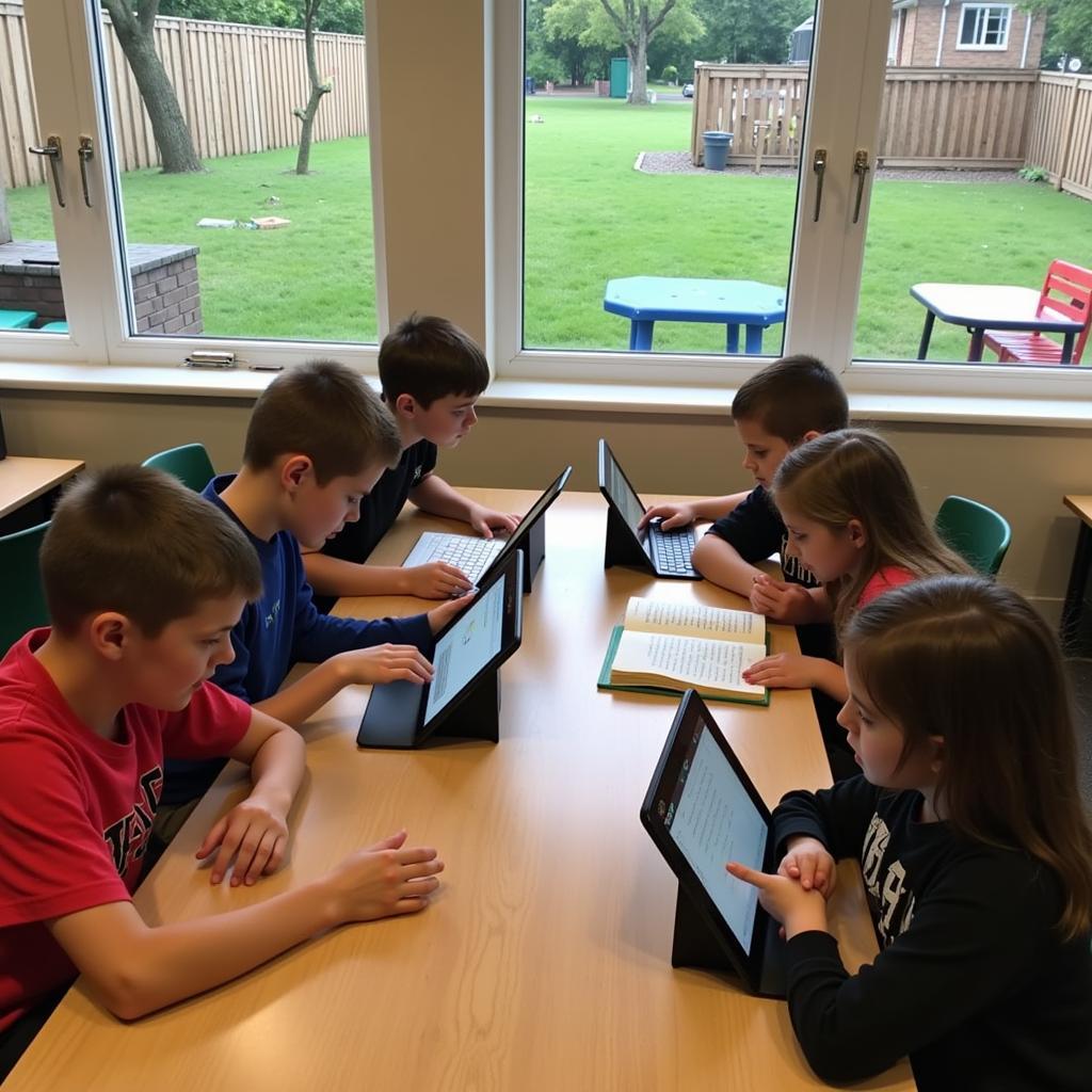 Children engaging in both digital and traditional learning activities