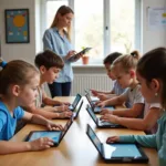 Young students engaging with digital devices in an educational environment