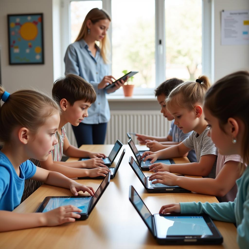 Young students engaging with digital devices in an educational environment