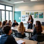 Students discussing climate change impacts in modern classroom setting