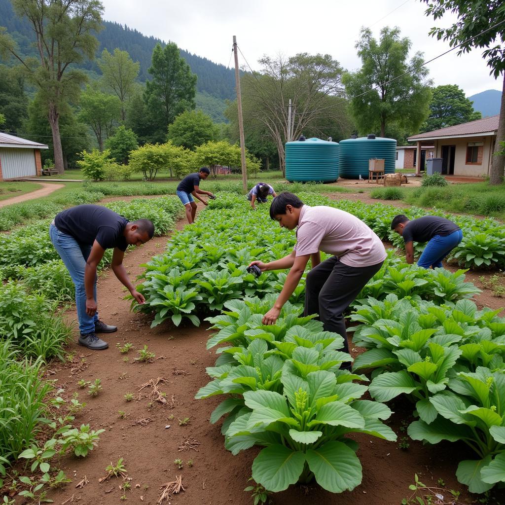 Community members using harvested rainwater in urban garden