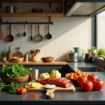 A person preparing ingredients in a modern kitchen setting
