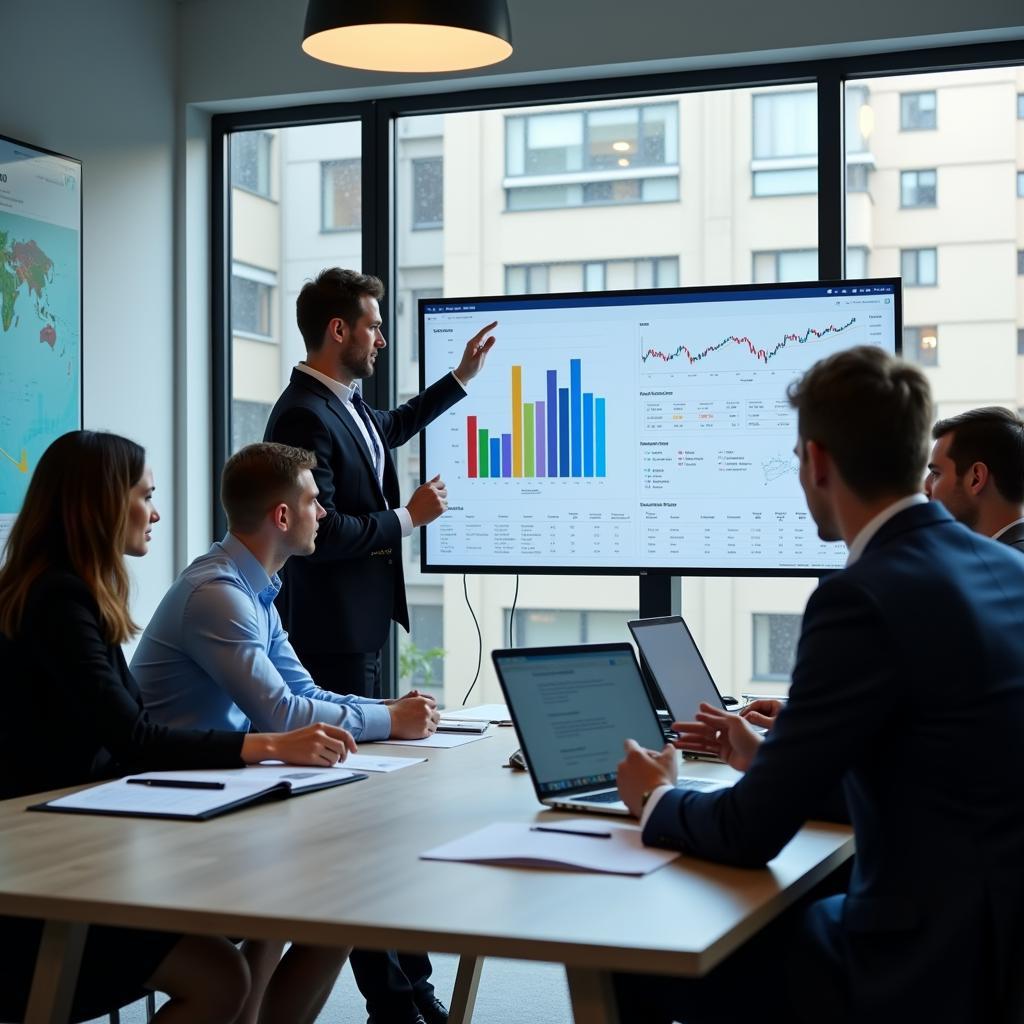 Corporate executives analyzing financial statements and market data